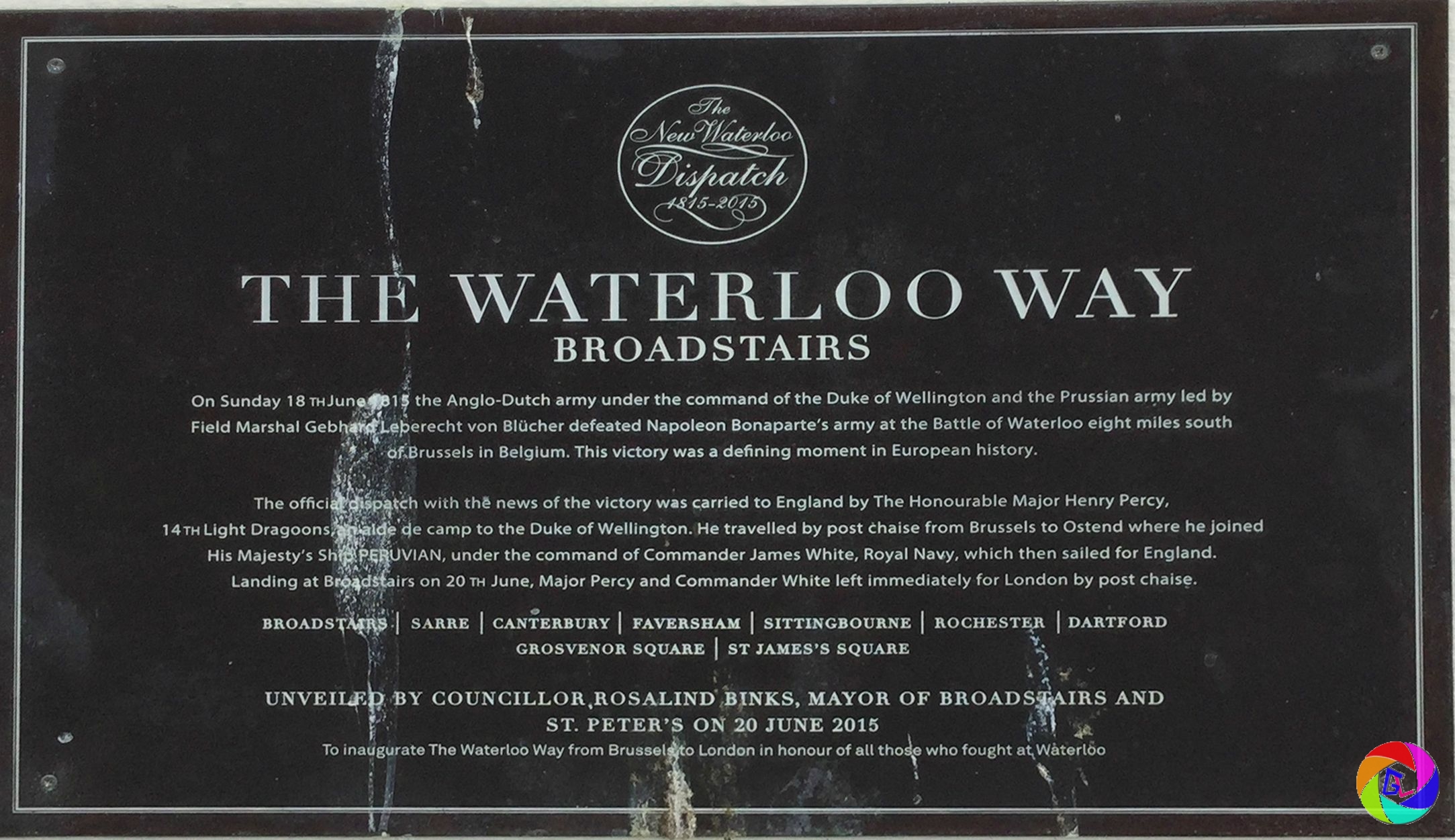 Plaque commemorating the journey of the News about Victory at Waterloo